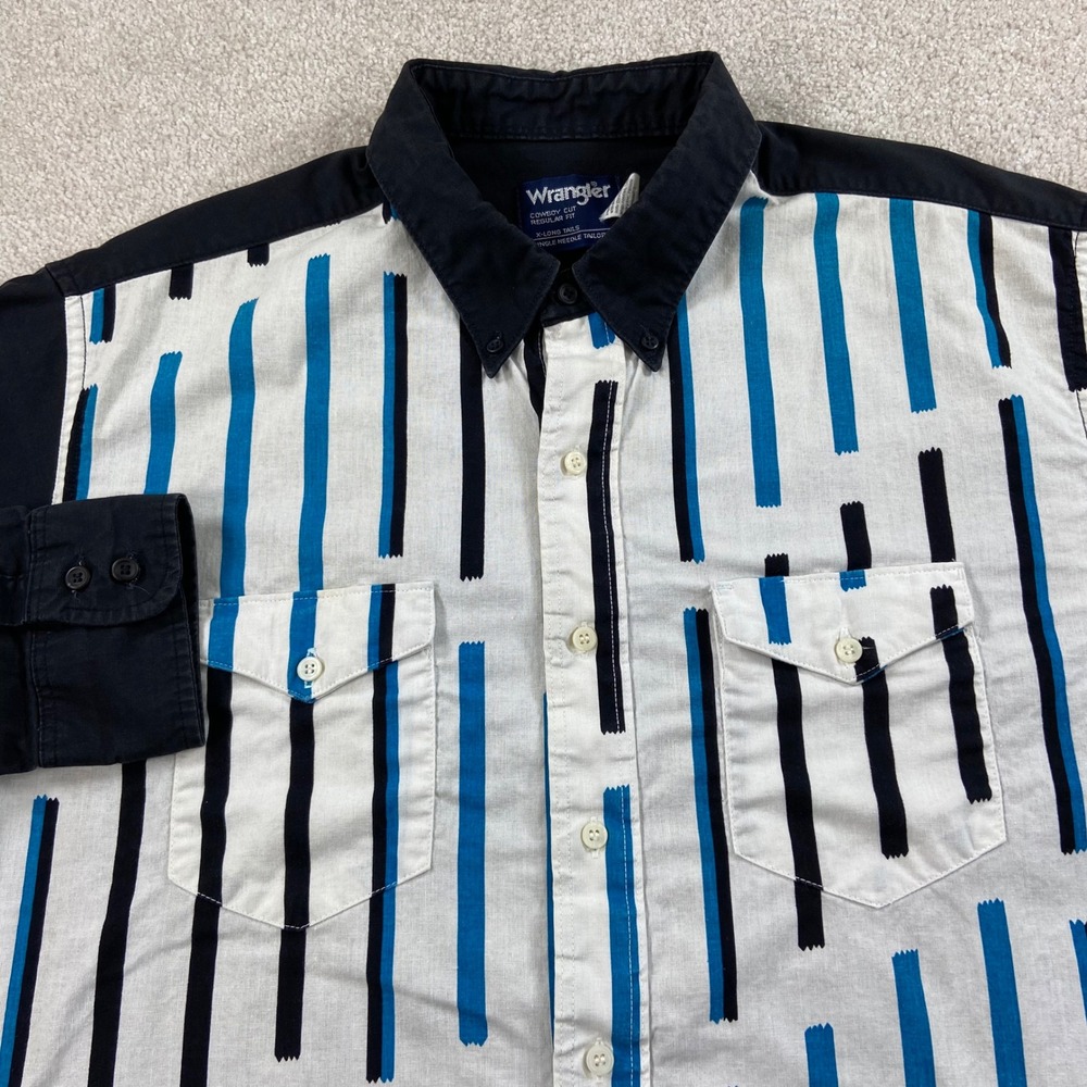 Vintage Wrangler X Long Tails Button Down Shirt Mens 18x36 Black Blue Cowboy Cut